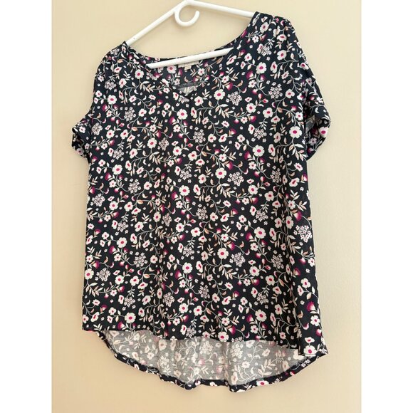 LOFT Floral V-Neck Blouse Black Short Sleeve Top Size XL - Picture 5 of 11
